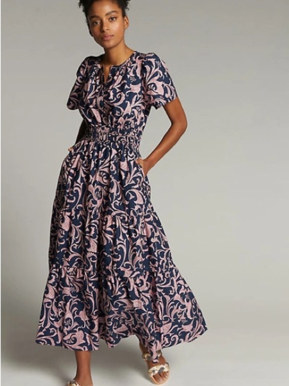 Anthropologie Navy and Pink Somerset Floral Maxi Tiered Dress with Pockets
